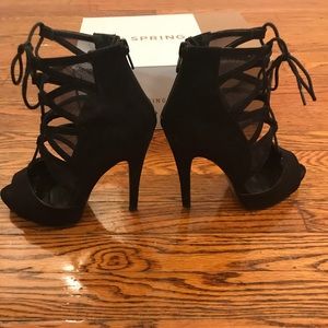 Call it spring black mesh lace up heel
